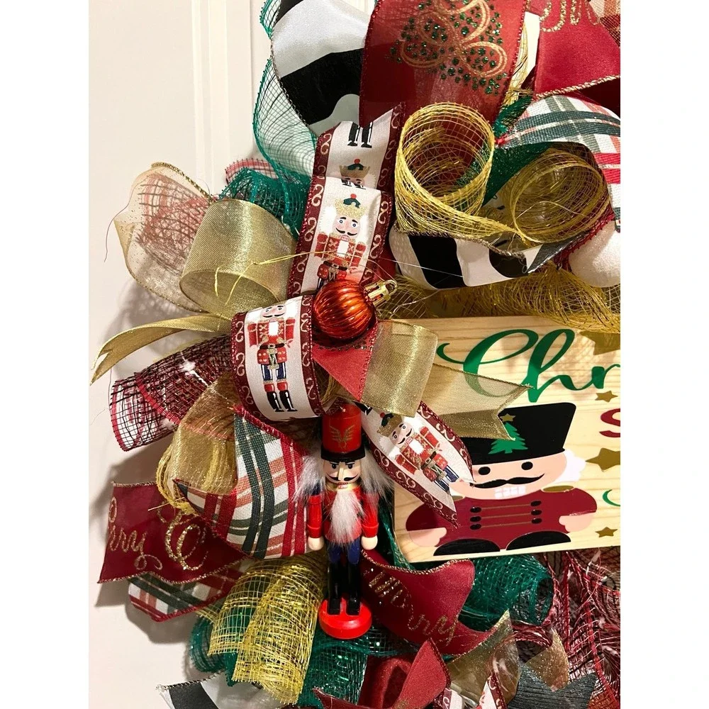Christmas Nutcracker Holiday Ribbon Door Wreath Handmade 22 ins LED W4